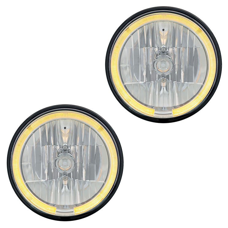 7" Crystal Headlight W/Amber LED Halo Ring, 9007 Bulb & H4 Adapter, Pair - Moore Parts