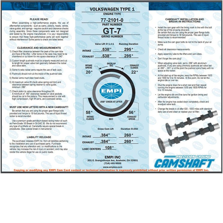 EMPI 77 - 3101 GT - 7 Hi Performance Vw Bug Camshaft Kit. Lift .538" Duration 295° - Moore Parts