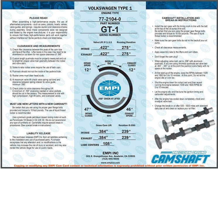 EMPI 77 - 3104 GT - 1 Hi Performance Vw Bug Camshaft Kit. Lift .422" Duration 275° - Moore Parts