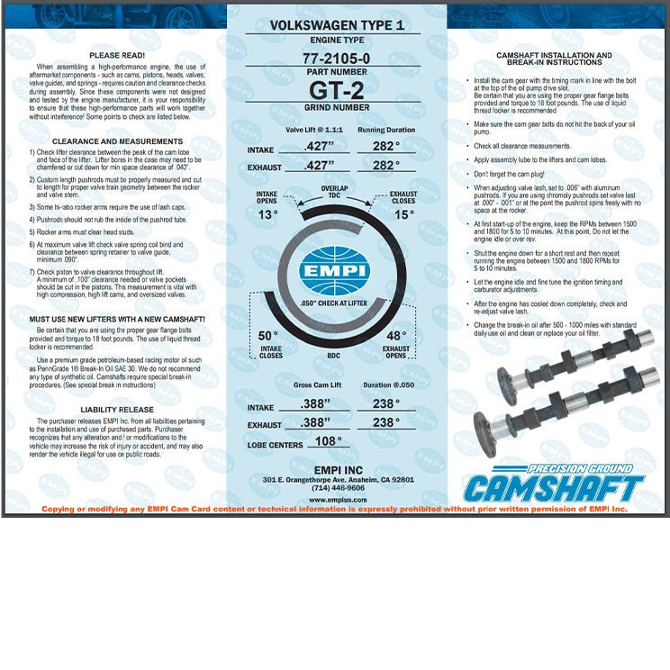 EMPI 77 - 3105 GT - 2 Hi Performance Vw Bug Camshaft Kit. Lift .427" Duration 282° - Moore Parts