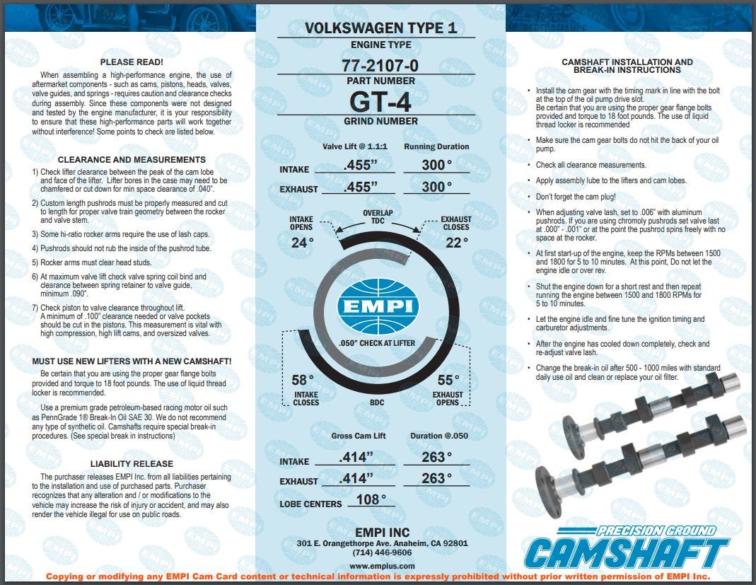 EMPI 77 - 3107 GT - 4 Hi Performance Vw Bug Camshaft Kit. Lift .455" Duration 300° - Moore Parts