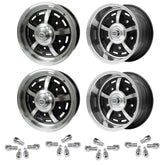 Set Of 4 15" X 5" & 15" X 8" Vw Bug 5 Lug Black Empi Sprint Star Wheels/Lug Nuts - Moore Parts