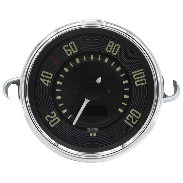 VW Bug & Super Beetle 0 - 120 KMH Speedometer By Smiths, Black Dial, Chrome Bezel - Moore Parts