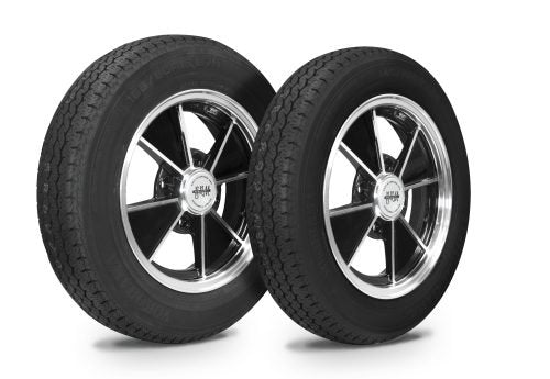 VW Bug Wheel & Tire Package, Yokohama Tires and EMPI 4 Lug Staggered, Black/Polished Wheels Set Of 4 - Moore Parts