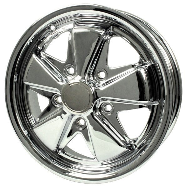 15" X 4 - 1/2" Porsche 5 Lug Chrome Empi 911 Alloy Wheel Includes Cap - Valve Stem - Moore Parts