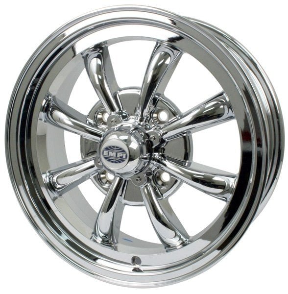 15" X 5 - 1/2" Vw Bug 4 Lug Chrome Empi 8 Spoke Wheel Includes Cap - Valve Stem - Moore Parts