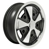 15" X 5 - 1/2" Vw Bug 5 Lug Black/Polished Empi 911 Alloy Wheel W/ Cap - Valve Stem - Moore Parts