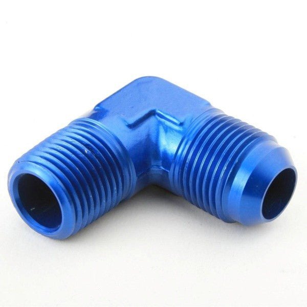 An Hose Adapter Fitting - Male 1/2" NPT To Male 10 / 90 Degree - Blue - Moore Parts