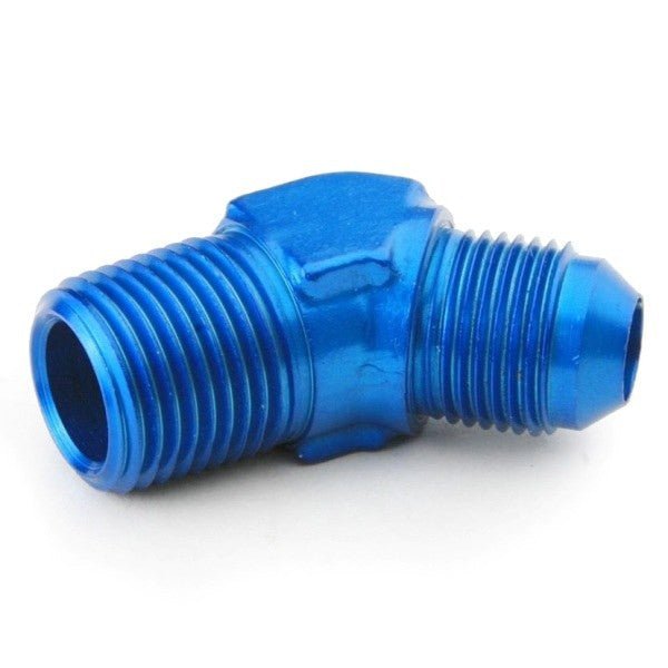 An Hose Adapter Fitting - Male 1/2" NPT To Male 8 / 45 Degree - Blue - Moore Parts