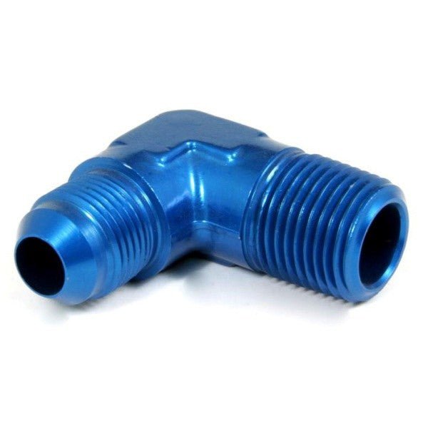An Hose Adapter Fitting - Male 1/2" NPT To Male 8 / 90 Degree - Blue - Moore Parts