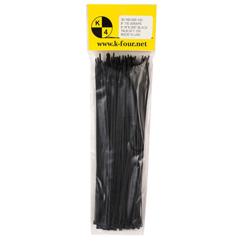 K4 Self Locking Narrow Tie Wrap, 8" Black Nylon Zip Tie. Qty 100 Per Pack - Moore Parts