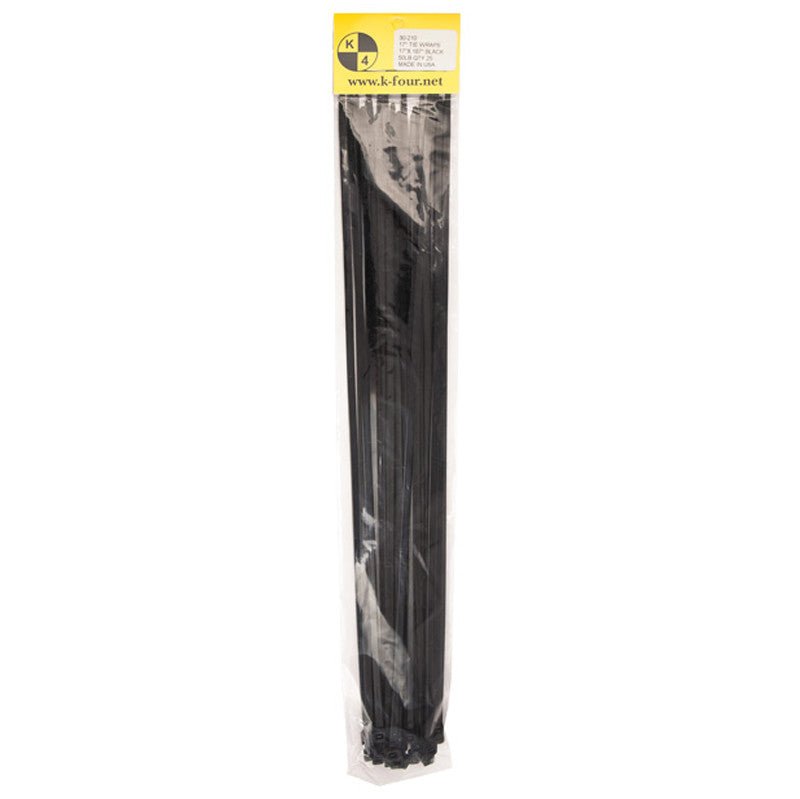 K4 Self Locking Tie Wrap, 17" Black Nylon Zip Tie. Qty 25 Per Pack - Moore Parts