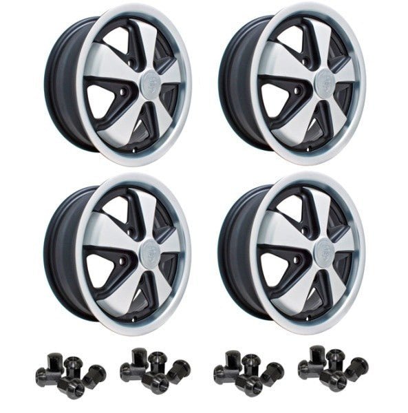 Set Of 4 15" X 4 - 1/2" Porsche 5 Lug Polished/Black Empi 911 Alloy Wheels/Lug - Moore Parts