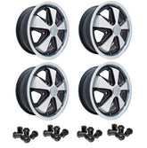 Set Of 4 15" X 4 - 1/2" Porsche 5 Lug Polished/Black Empi 911 Alloy Wheels/Lug - Moore Parts