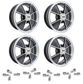 Set Of 4 15" X 4 - 1/2" Vw Bug 4 Lug Black Empi BRM Wheels & Lug Bolts - Moore Parts