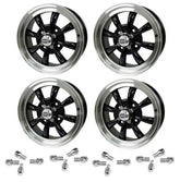 Set Of 4 15" X 5 - 1/2" Vw Bug 4 Lug Black Empi 8 Spoke Wheels & Lug Nuts - Moore Parts