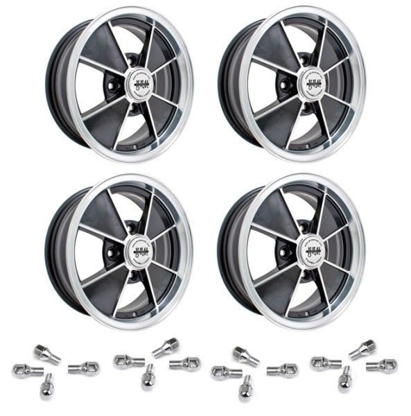 Set Of 4 15" X 5 - 1/2" Vw Bug 4 Lug Black Empi BRM Wheels & Lug Bolts - Moore Parts
