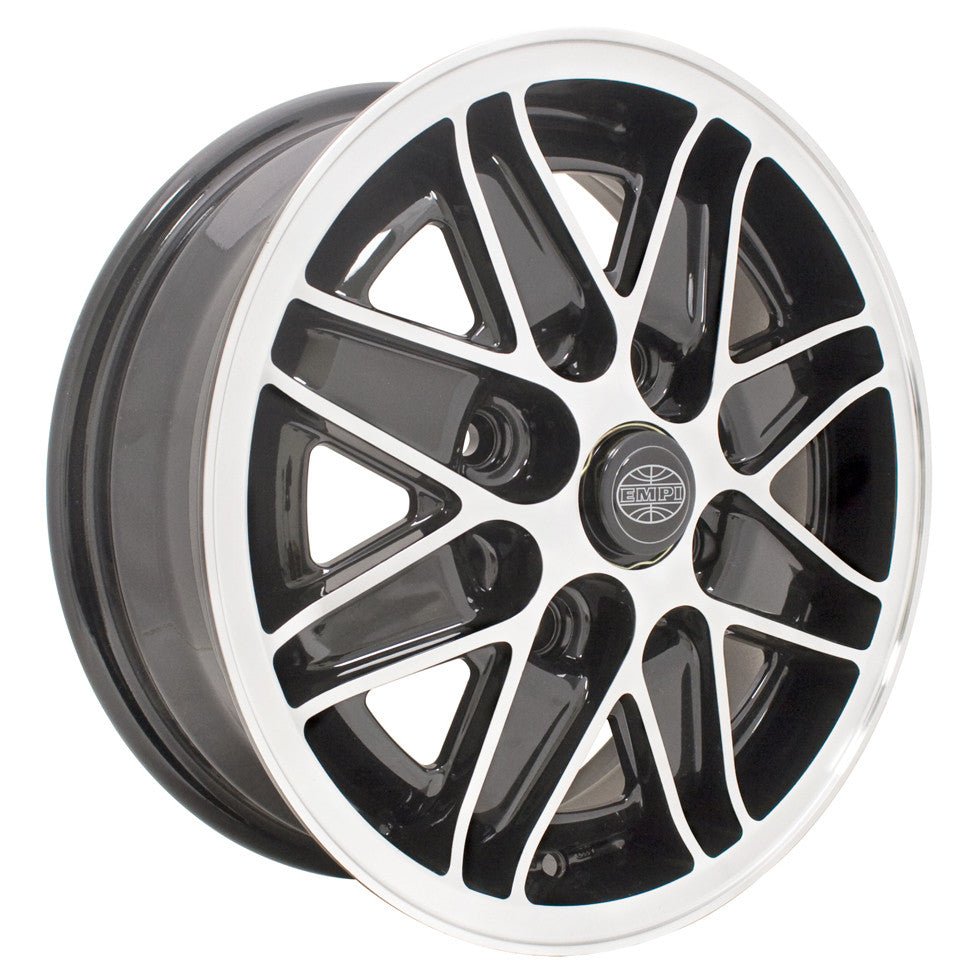 Set Of 4 15" X 5 - 1/2" Vw Bug 4 Lug Black Empi Cosmo Wheels & Lug Bolts - Moore Parts