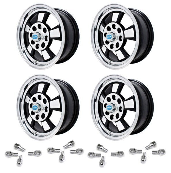 Set Of 4 15" X 5 - 1/2" Vw Bug 4 Lug Black / Polished Empi Riviera Wheels & Lugs - Moore Parts