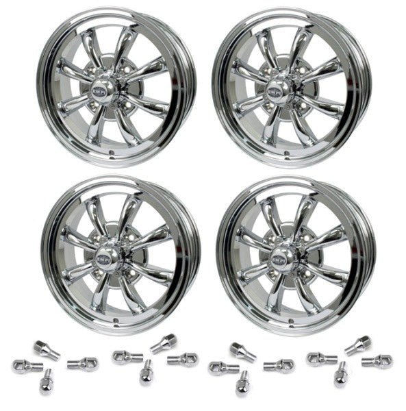 Set Of 4 15" X 5 - 1/2" Vw Bug 4 Lug Chrome Empi 8 Spoke Wheels & Lug Nuts - Moore Parts