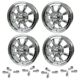 Set Of 4 15" X 5 - 1/2" Vw Bug 4 Lug Chrome Empi 8 Spoke Wheels & Lug Nuts - Moore Parts