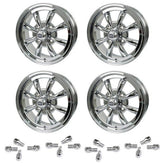 Set Of 4 15" X 5 - 1/2" Vw Bug 4 Lug Polished Empi 8 Spoke Wheels & Lug Nuts - Moore Parts