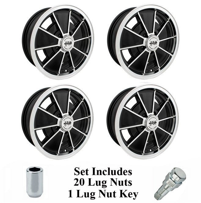 Set Of 4 15" X 5 - 1/2" Vw Bus 5 Lug Black Empi BRM Wheels & Lug Bolts - Moore Parts