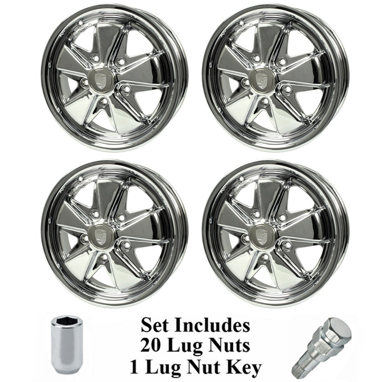 Set Of 4 15" X 5 - 1/2" Vw Bus 5 Lug Chrome Empi 911 Alloy Wheels & Lugs - Moore Parts