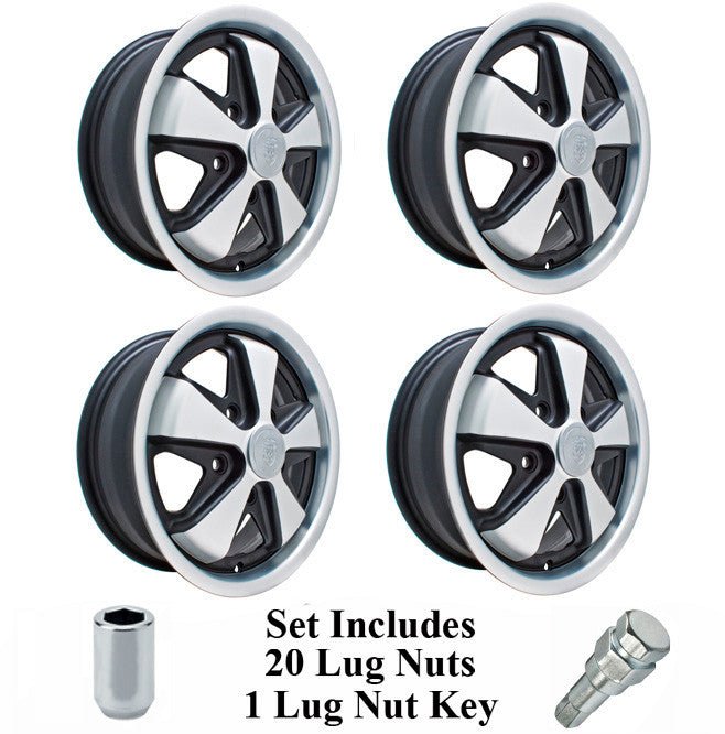 Set Of 4 15" X 5 - 1/2" Vw Bus 5 Lug Silver/Black Empi 911 Alloy Wheels/Lugs - Moore Parts