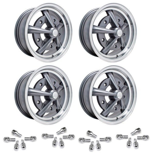 Set Of 4 15" X 5" Vw Bug 5 Lug Anthracite Empi Raider Wheels & Lug Bolts - Moore Parts