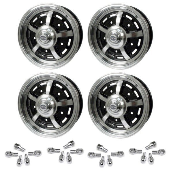 Set Of 4 15" X 5" Vw Bug 5 Lug Black Empi Sprint Star Wheels & Lug Nuts - Moore Parts