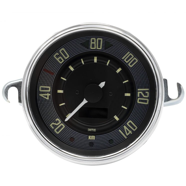 VW Bug & Super Beetle 0 - 140 KMH Speedometer By Smiths, Black Dial, Chrome Bezel - Moore Parts