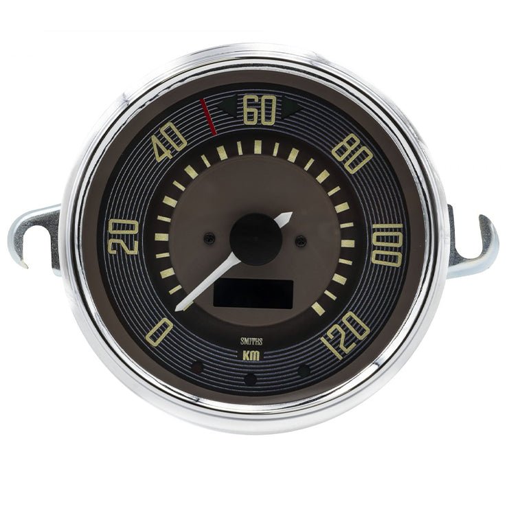 VW Bus 0 - 120 KMH Speedometer By Smiths, Brown Dial, Chrome Bezel - Moore Parts