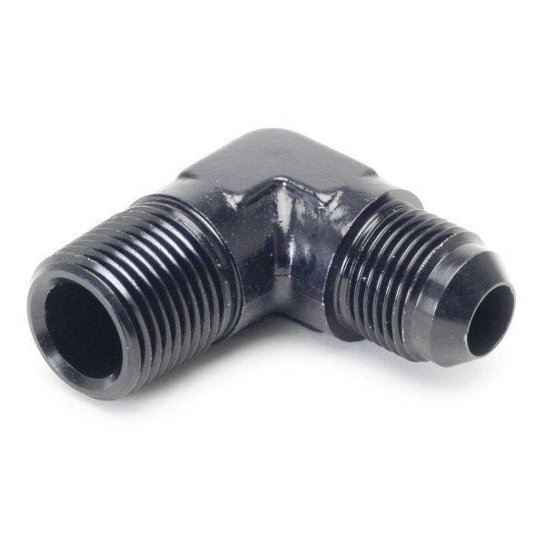 An Hose Adapter Fitting - Male 1/2" NPT To Male 8 / 90 Degree - Black - Moore Parts