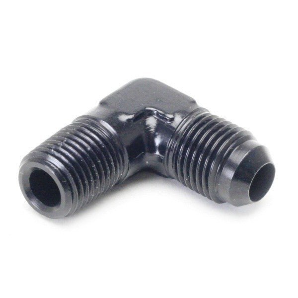 An Hose Adapter Fitting - Male 1/4" NPT To Male 6 / 90 Degree - Black - Moore Parts