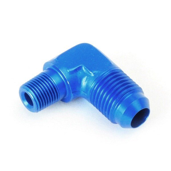 An Hose Adapter Fitting - Male 1/8" NPT To Male 6 / 90 Degree - Blue - Moore Parts
