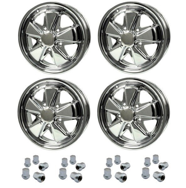 Set Of 4 15" X 5 - 1/2" Porsche 5 Lug Chrome Empi 911 Alloy Wheels & Lugs - Moore Parts