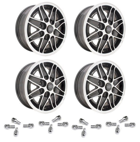 Set Of 4 15" X 5 - 1/2" Vw Bug 4 Lug Black Empi Cosmo Wheels & Lug Bolts - Moore Parts