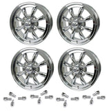 Set Of 4 15" X 5 - 1/2" Vw Bug 4 Lug Chrome Empi 8 Spoke Wheels & Lug Nuts - Moore Parts