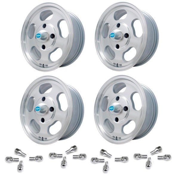 Set Of 4 15" X 5 - 1/2" Vw Bug 4 Lug Machine Finish Empi Dish Wheels & Lugs - Moore Parts