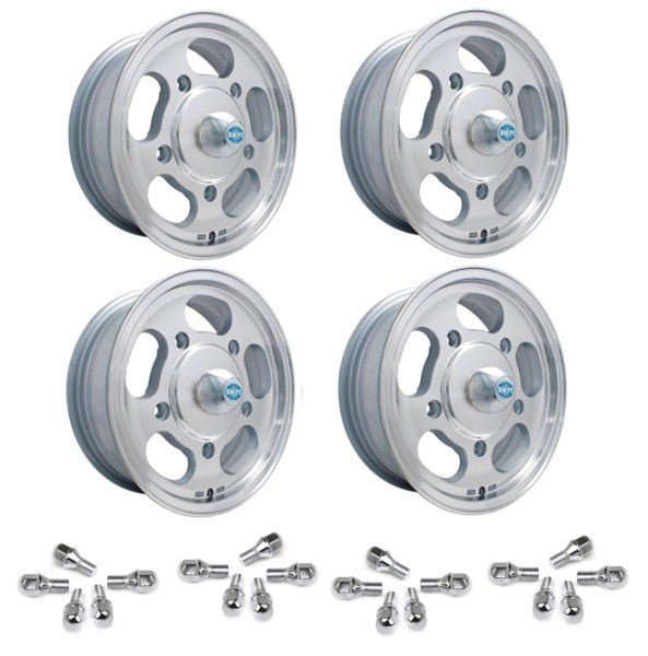 Set Of 4 15" X 5 - 1/2" Vw Bug 5 Lug Machine Finish Empi Dish Wheels & Lugs - Moore Parts