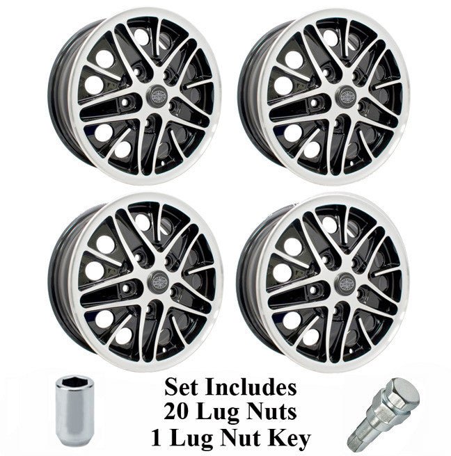 Set Of 4 15" X 5 - 1/2" Vw Bus 5 Lug Black Empi Cosmo Wheels & Lug Bolts - Moore Parts