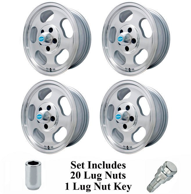 Set Of 4 15" X 5 - 1/2" Vw Bus 5 Lug Machine Finish Empi Dish Wheels & Lugs - Moore Parts