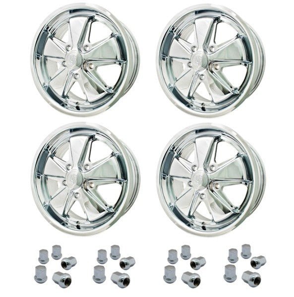 Set Of 4 17" x 7" Porsche 5 Lug Chrome Empi 911 Alloy Wheels & Lugs - Moore Parts